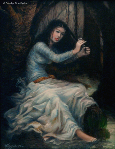 fantasy, oil painting, female, woman, figure, hair, moody, gothic, maiden, moon, moonlight, forest